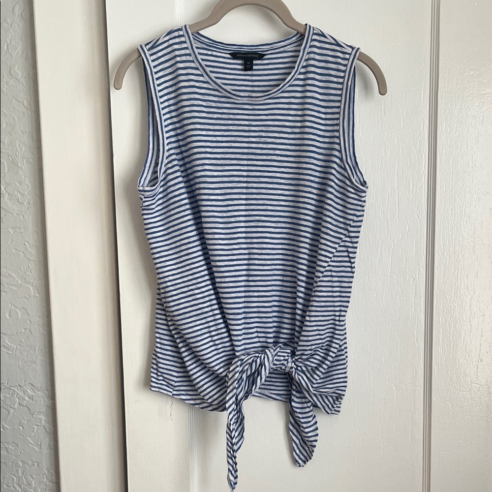 Banana Republic Blue and White Striped Sleeveless Tie-Front Top